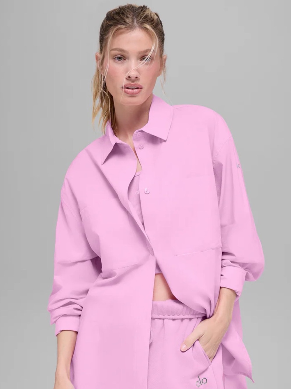ALO Yoga Lightweight Button-Down Shirt in Pastel Pink